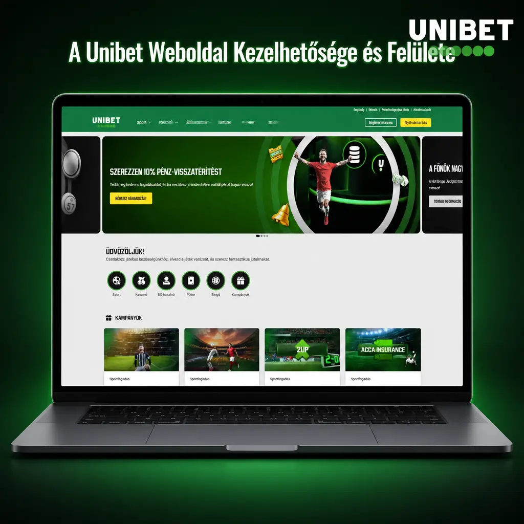 Unibet zöld-fekete, letisztult webfelülete sport, kaszinó és élő kaszinó navigációval