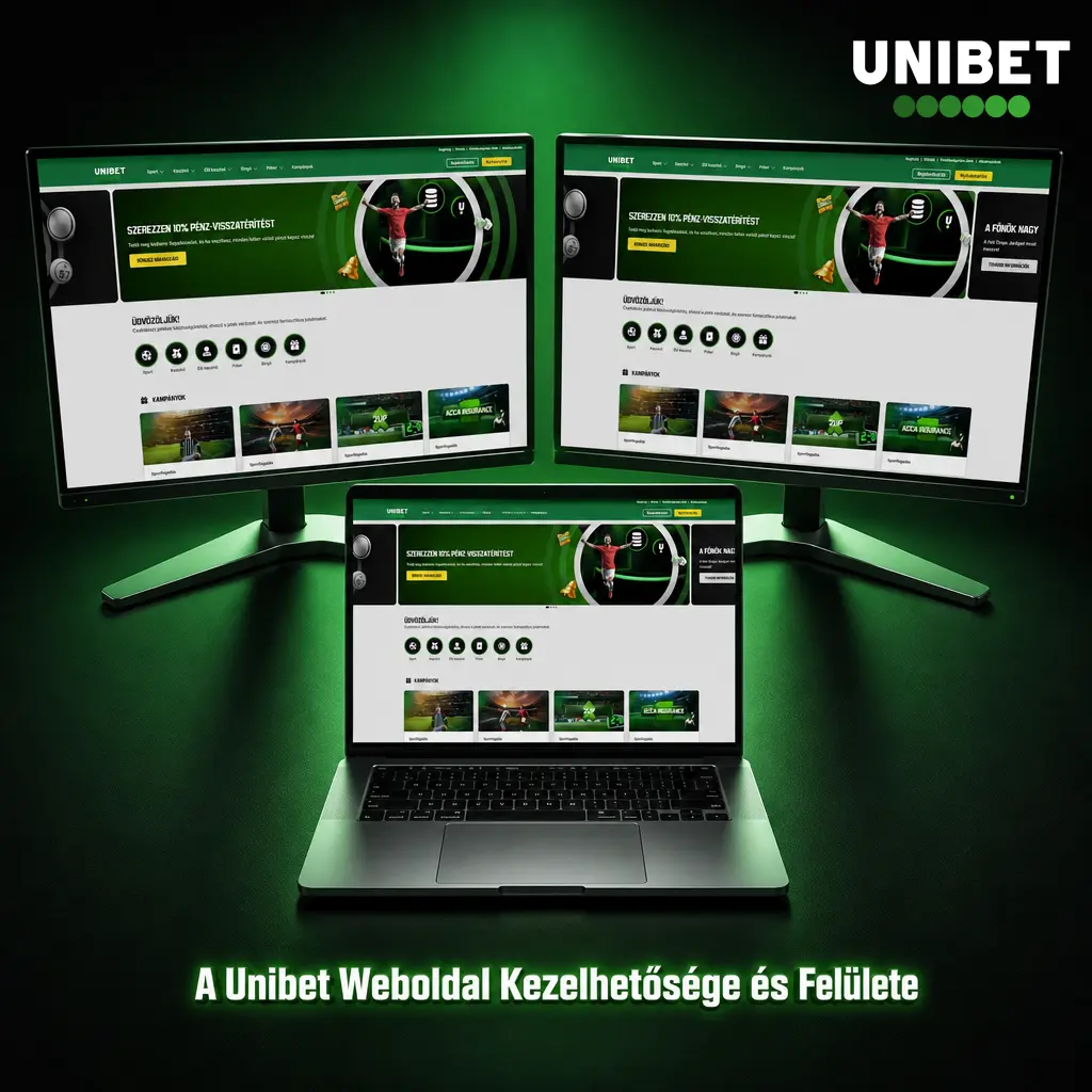 Unibet zöld-fekete weboldal felület navigációs sávval, sport és kaszinó szekciókkal, letisztult elrendezéssel