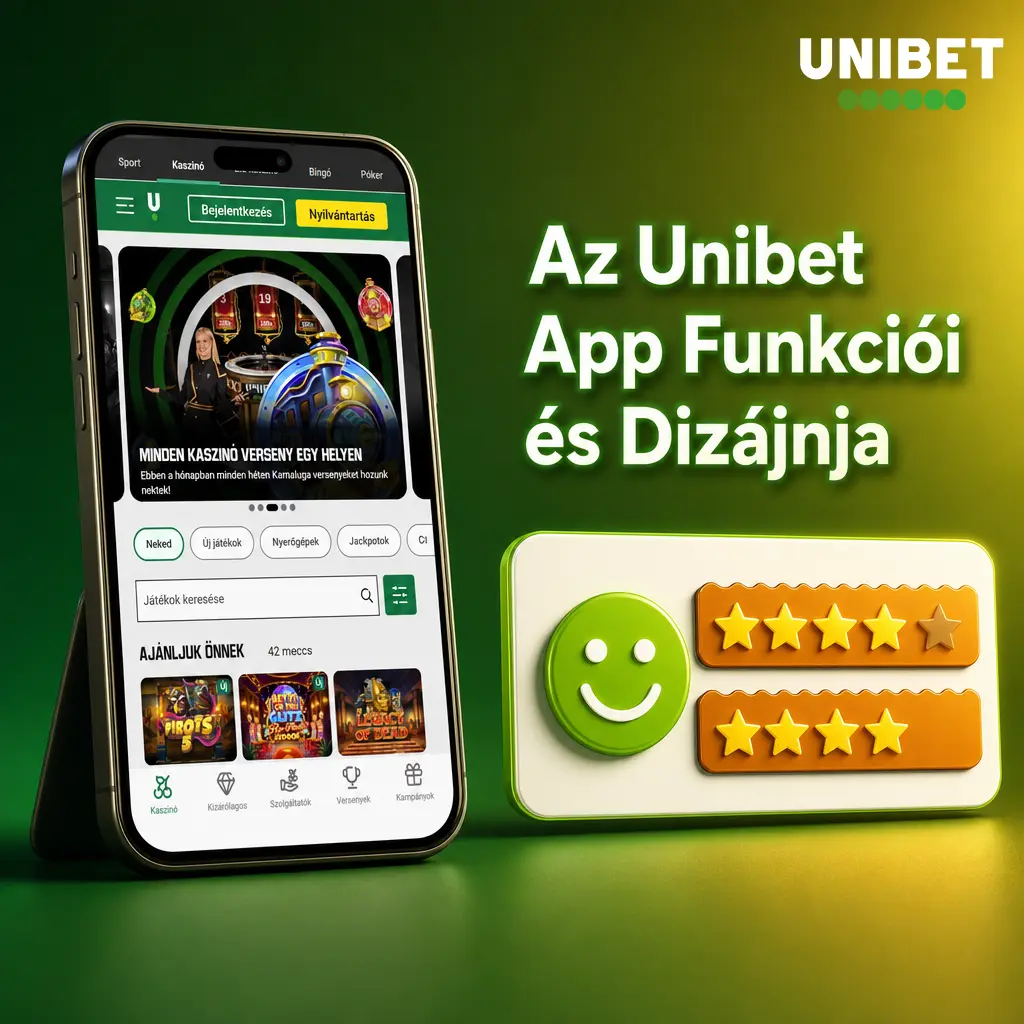 Unibet app zöld-fekete dizájn, kártya alapú elrendezés, fogadás, kaszinó, élő közvetítés mobilon