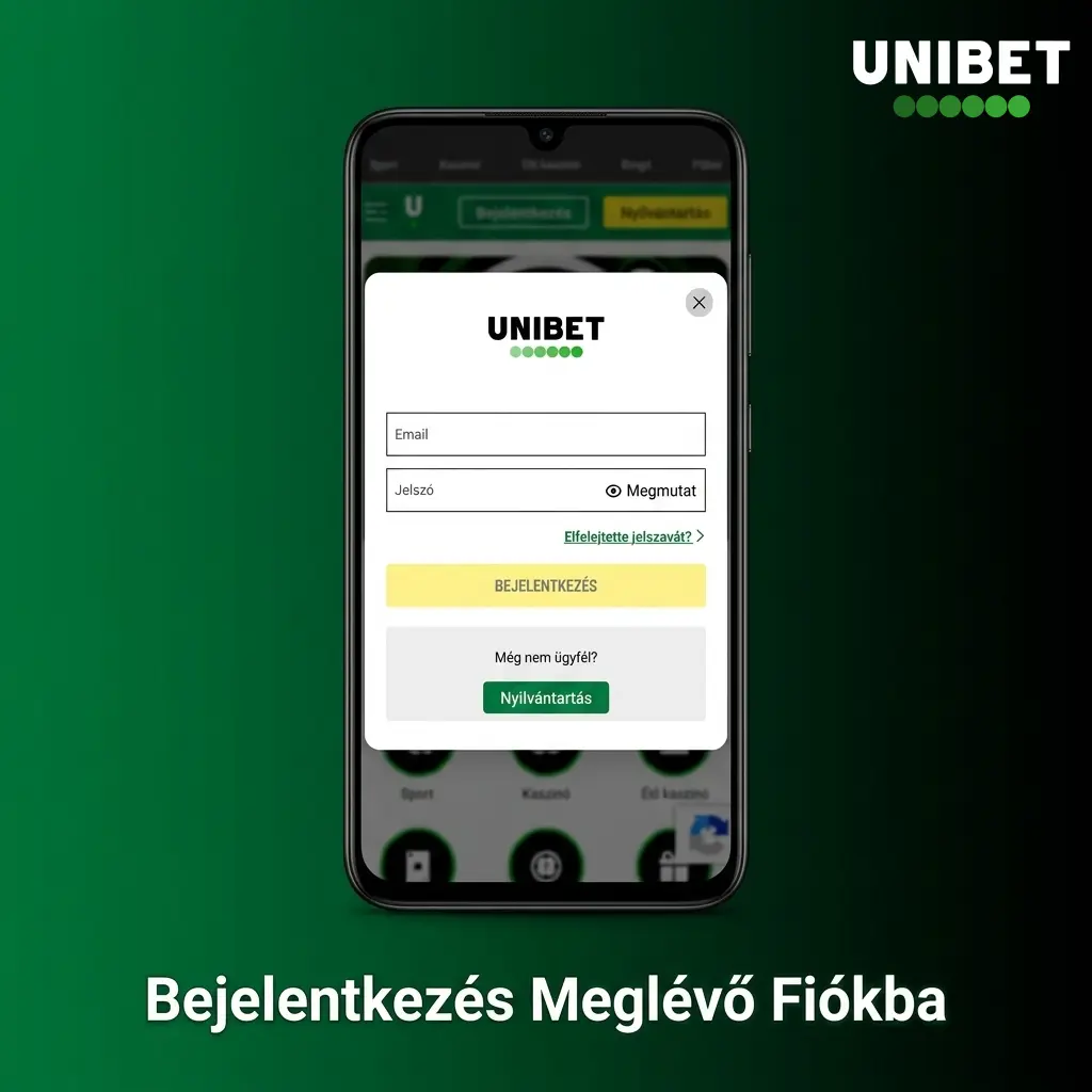 Unibet app bejelentkezési folyamat meglévő fiókkal, e-mail és jelszó megadásával