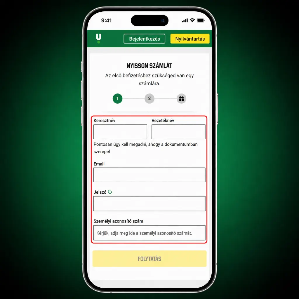 Fiók létrehozása 5 lépésben, e-mail-cím, mobilszám, személyes adatok, HUF pénznem és feltételek megadása