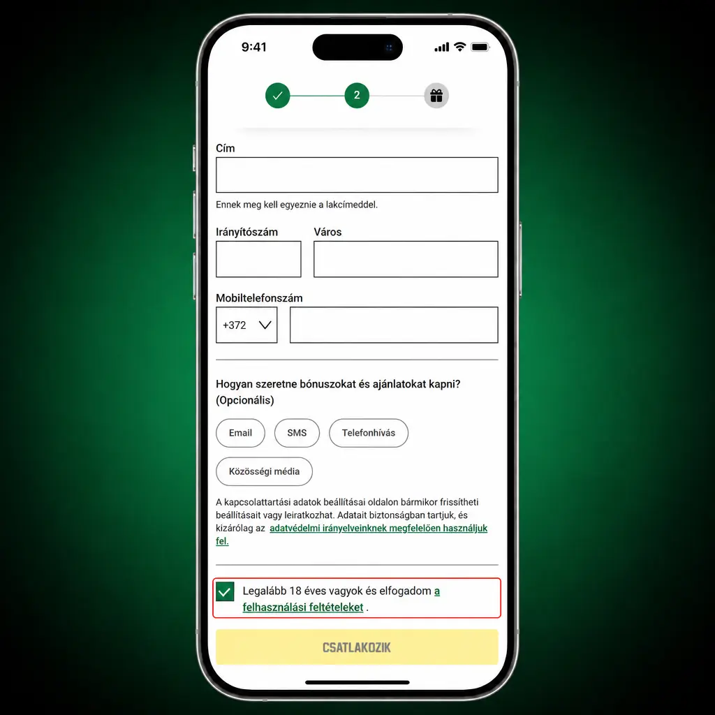 Fiók létrehozása 5 lépésben, e-mail, mobilszám, személyes adatok, HUF pénznem és jelszó megadásával