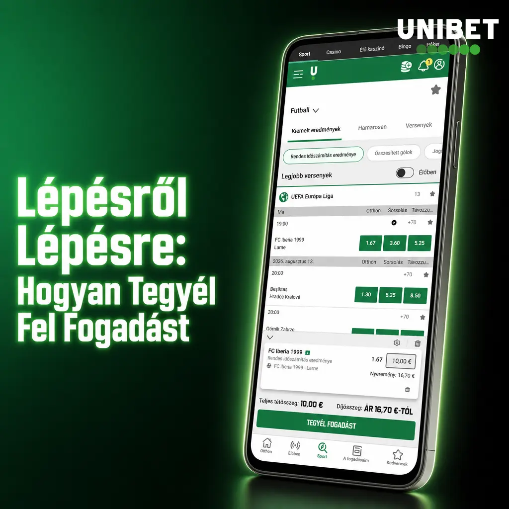 Unibet app fogadás elhelyezésének lépései: sport kiválasztása, odds megérintése, tét megadása és megerősítése