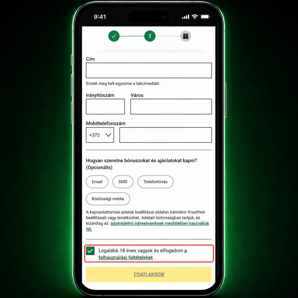 Regisztráció lépései weboldalon: gomb, személyes adatok, e-mail, jelszó és megerősítés.