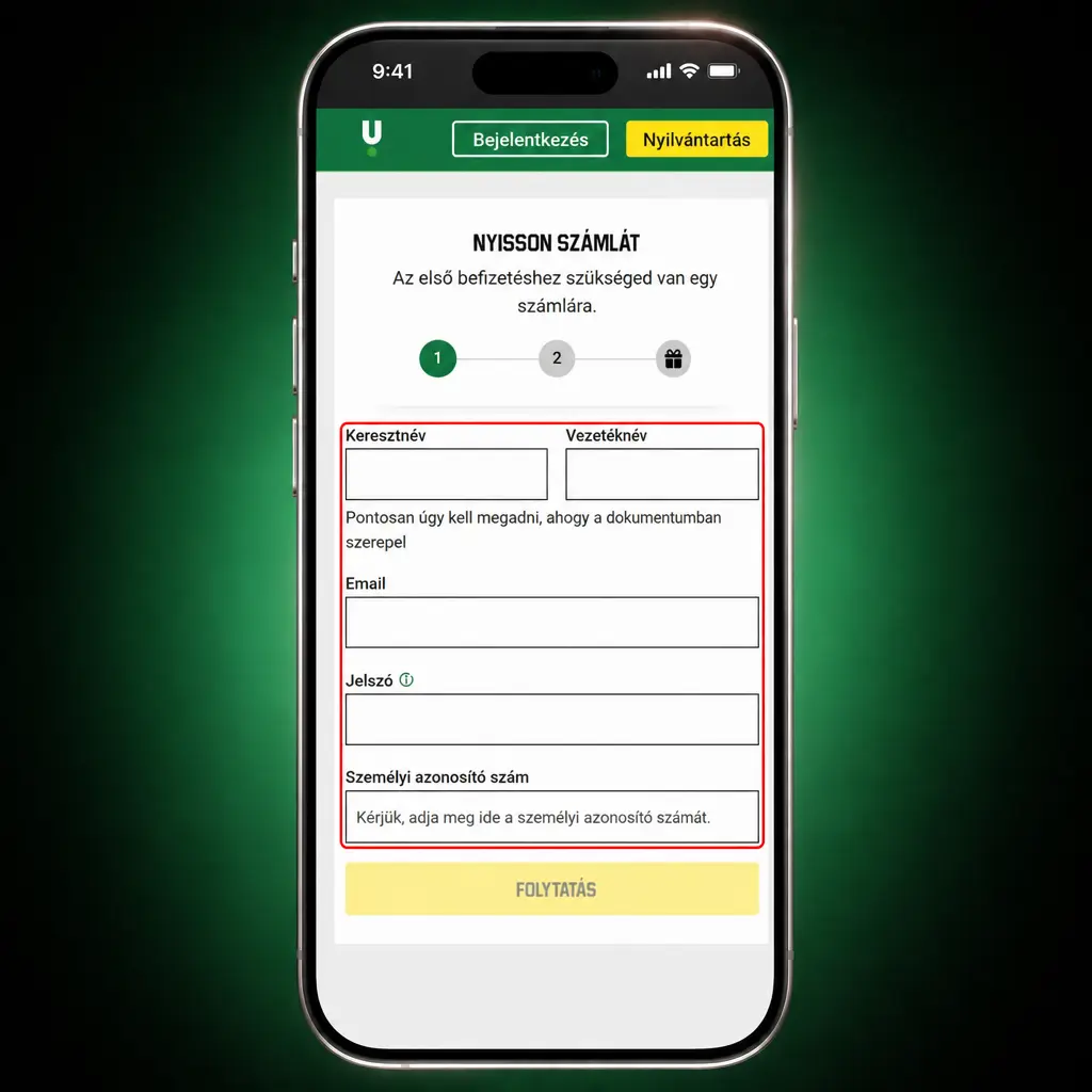Mobilos képernyő új fiók létrehozásához, regisztrációs lépésekkel és adatok megadásával